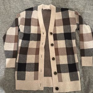 LOFT Plaid Cardigan in Black, Brown, and Cream - Women’s XS